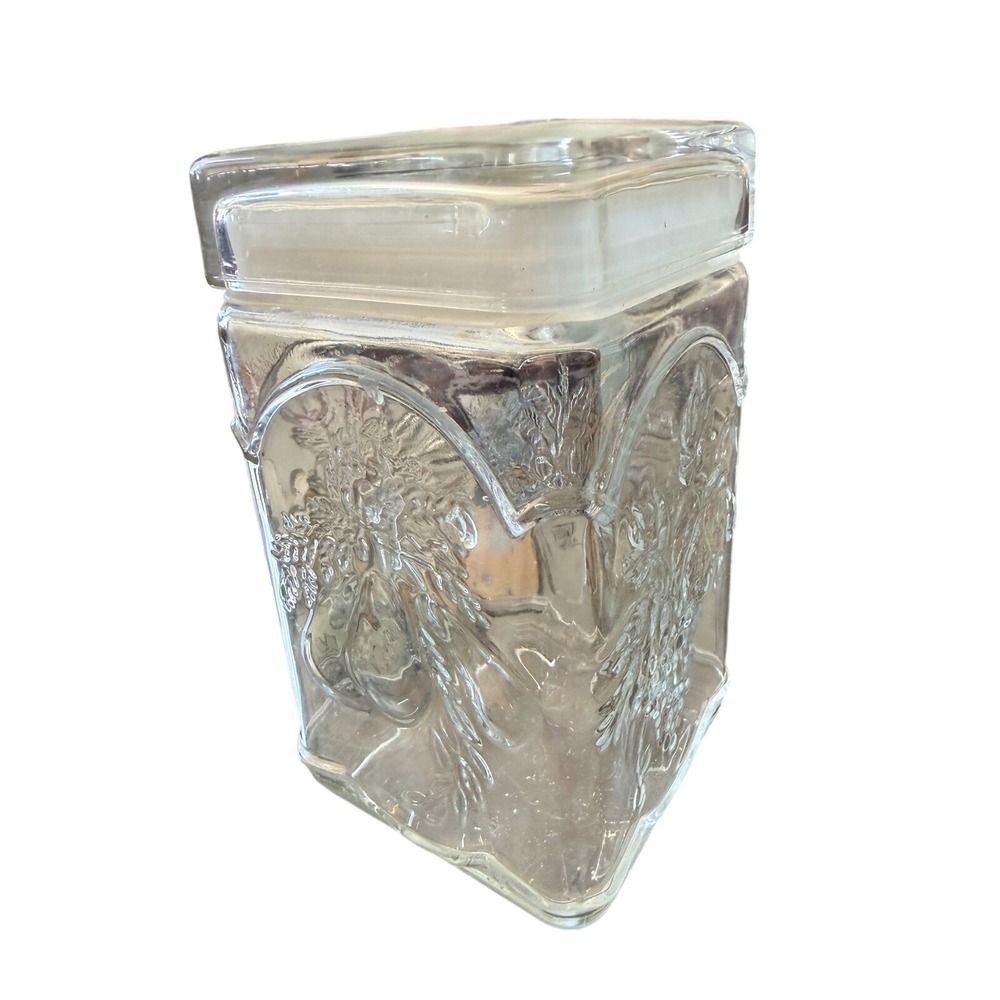 Vintage Canadian Glass Canister 7" Square Embossed Fruit Leaf Design Storage Jar - Picture 3 of 6